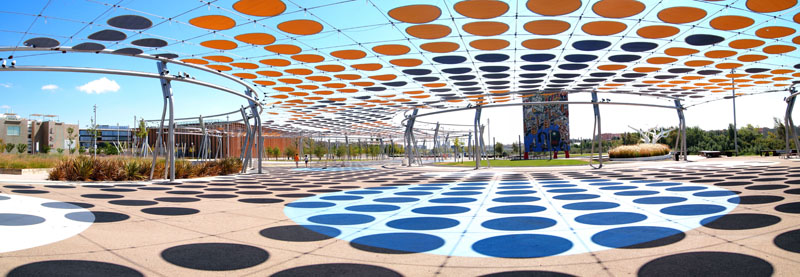 Shadows of circle decorations in Zaragoza, Spain.